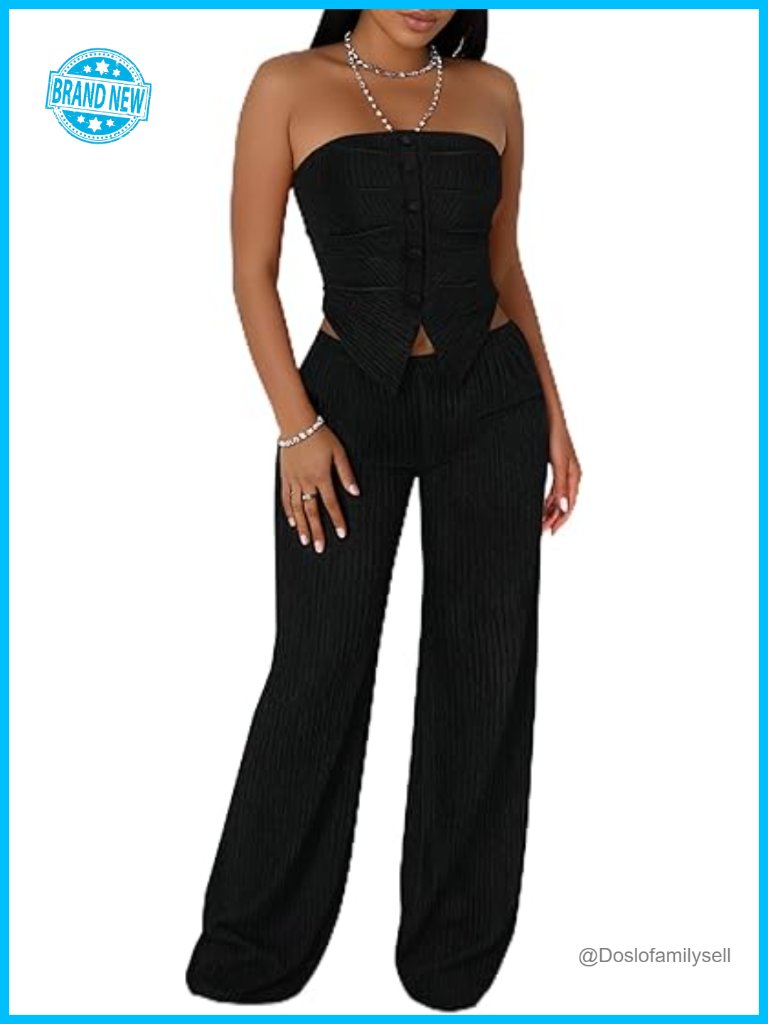 2 Piece Set Textured Tube Top And Wide Leg Pants Going Out Outfit